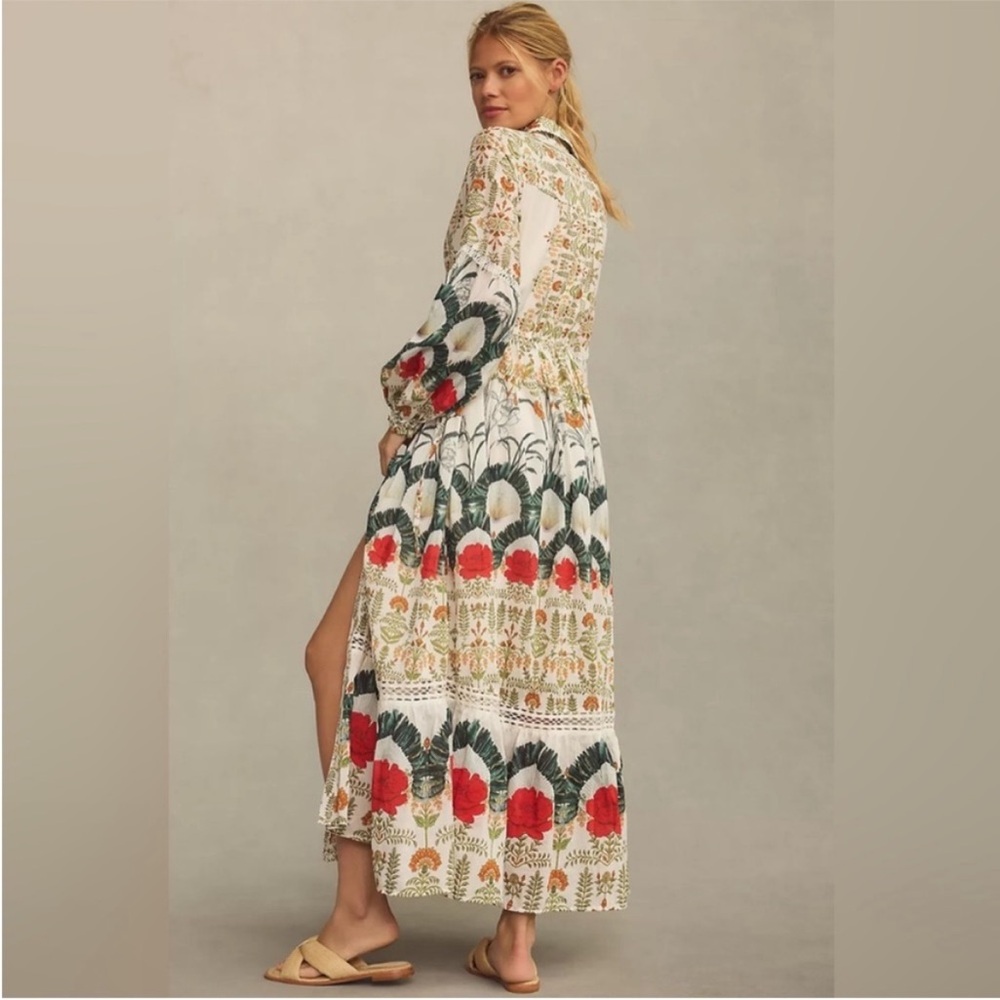 Anthropologie Boho Floral Tiered Maxi Dress in Cream with Red & Green Accents - Picture 3 of 10